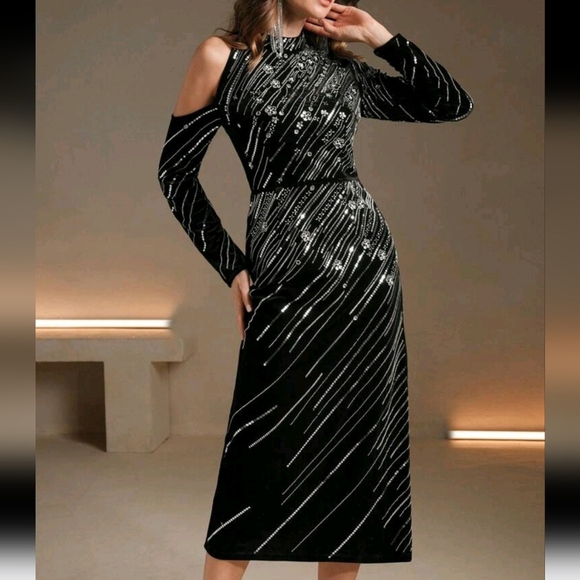 WomenStandCollar Off Shoulder Long Sleeve Fitted Sequin Embellished Evening Gown - Picture 1 of 5